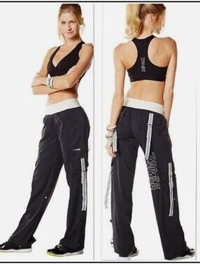 Zumba Fitness Y2K Black Cargo Track Pants with White Waistband